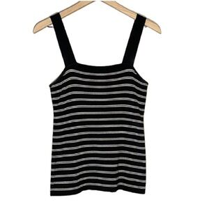 Women's S WHBM Black White Knit Striped Tank Square Neckline Thick Straps